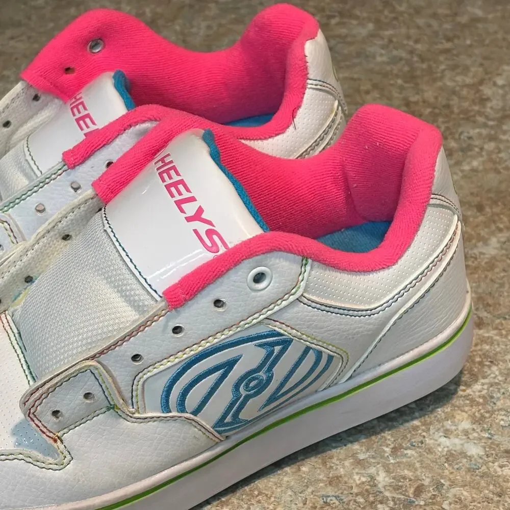 Heelys Girls Motion Plus White Pink Blue Green Roller Tennis Shoes Size 4 READ